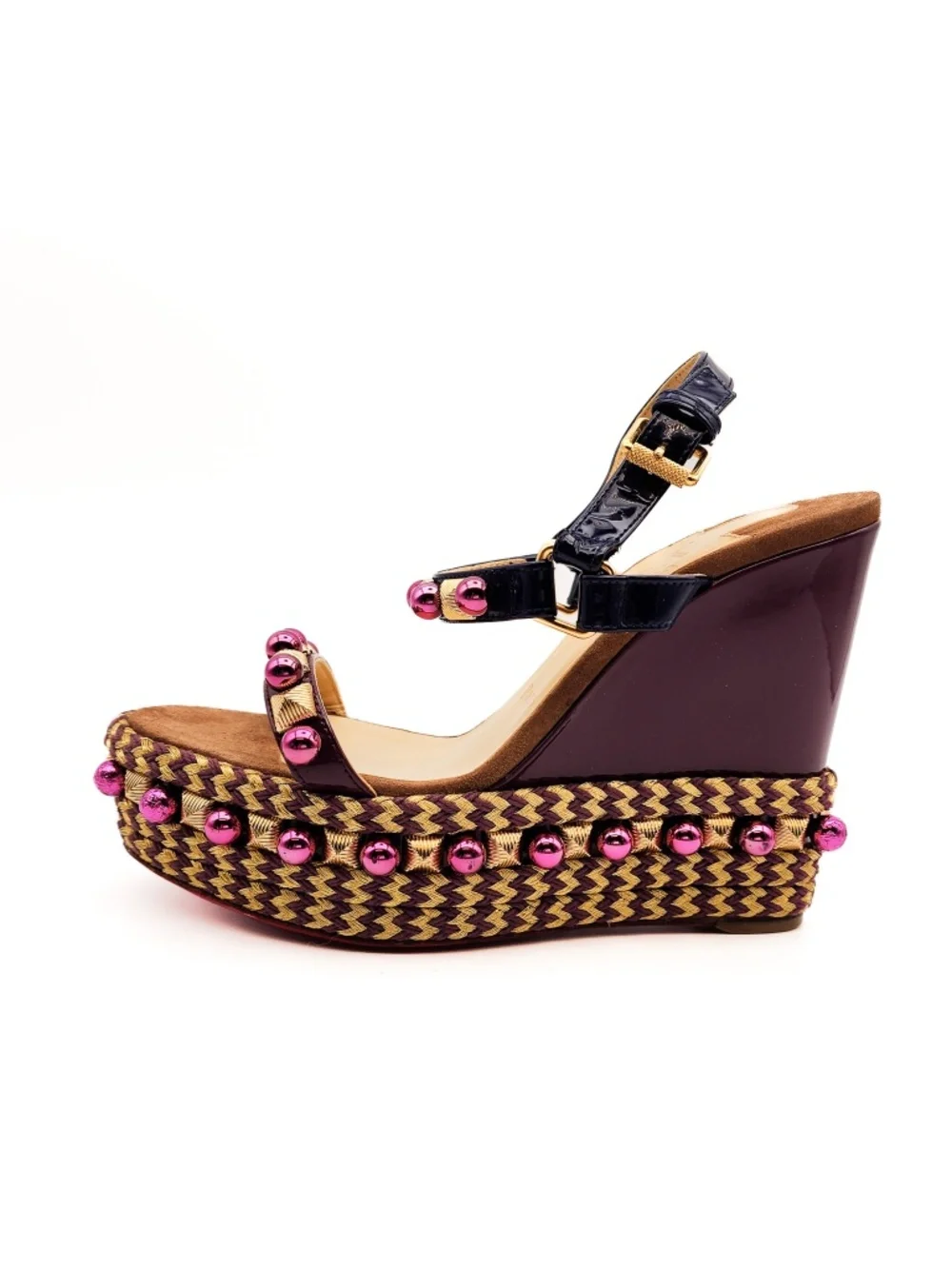 Christian Louboutin Burgundy Brown Studded Wedge Platform Sandals EU 37